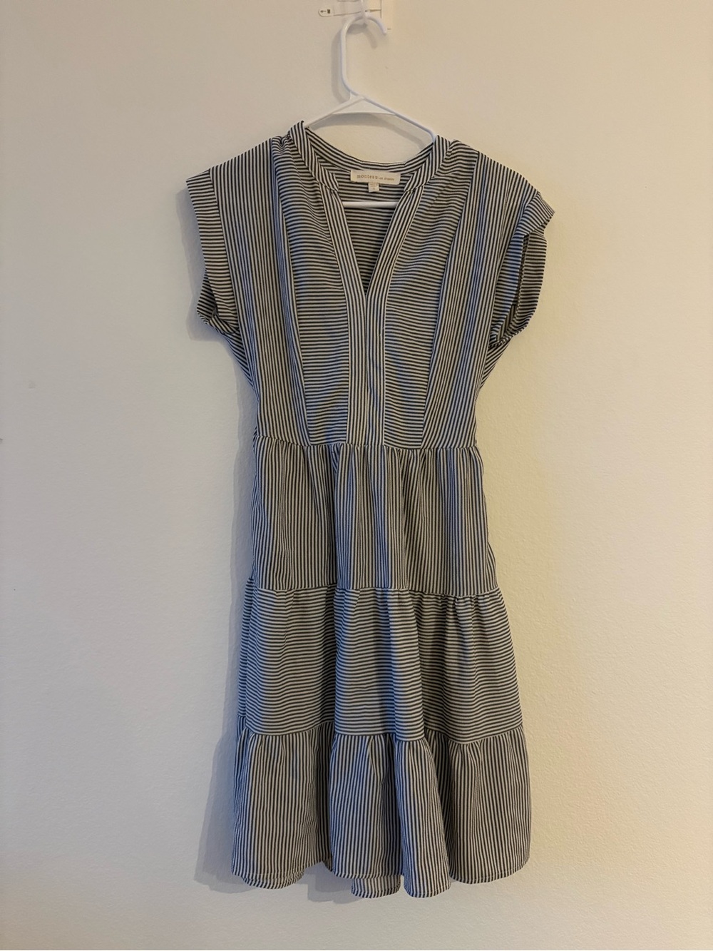 Monteau Blue and White Striped Tiered Midi Dress - Picture 1 of 2